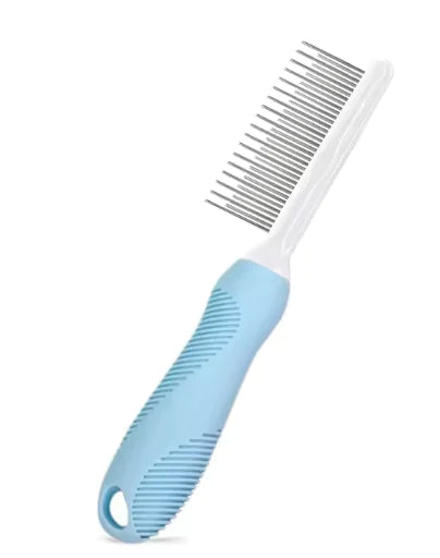 Pet grooming comb with blue handle on a white background