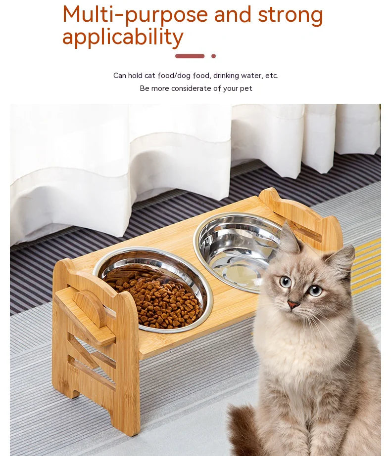 Cat sitting next to a wooden pet feeder with two bowls on a carpeted floor.