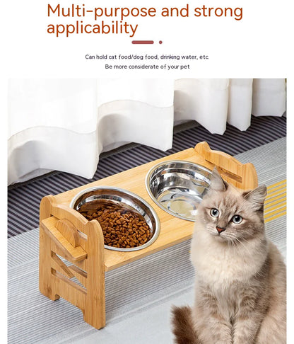 Cat sitting next to a wooden pet feeder with two bowls on a carpeted floor.