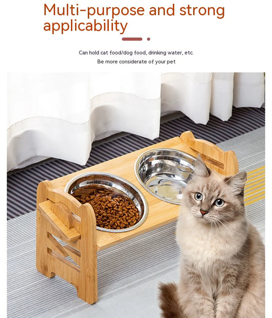 Cat sitting next to a wooden pet feeder with two bowls on a carpeted floor.