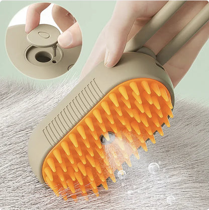 Pet grooming brush with orange bristles being used on a pet's fur.