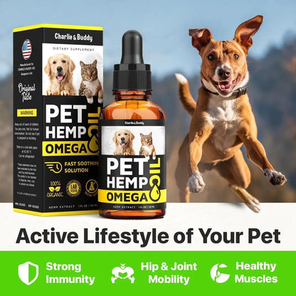 Pet Hemp Omega supplement bottle with packaging and a running dog on a scenic background