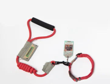 Red and black dog leash with handle on a white background