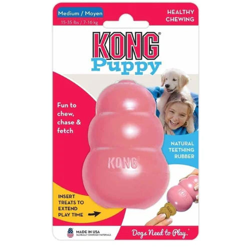 KONG Puppy dog toy packaging with pink toy and images of a dog and child on a white background