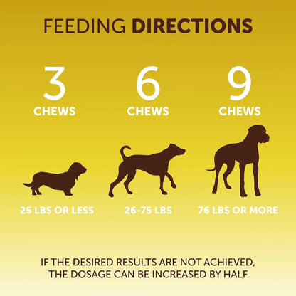 Feeding direction chart for dogs with silhouette illustrations and text on a yellow background