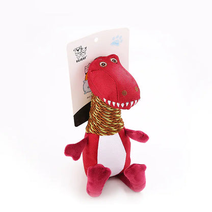 Red dinosaur-shaped toy with a gold cord on a white background
