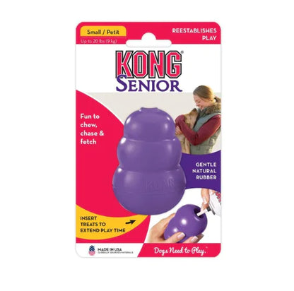 Kong Senior dog toy packaging with purple toy on a white background