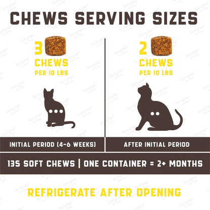 Chart showing cat chew serving sizes with illustrations of cats and text.