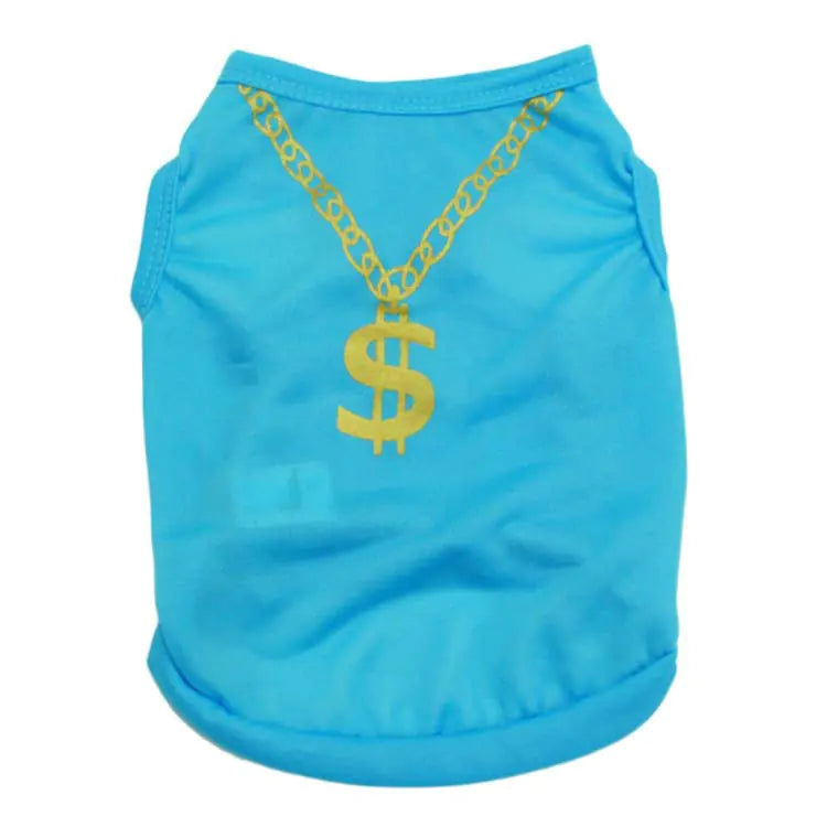 Blue pet shirt with yellow dollar sign necklace on a white background