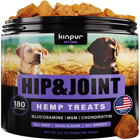 Container of Kinpur Petcare Hip & Joint Hemp Treats for dogs with images of dogs and text on the label.