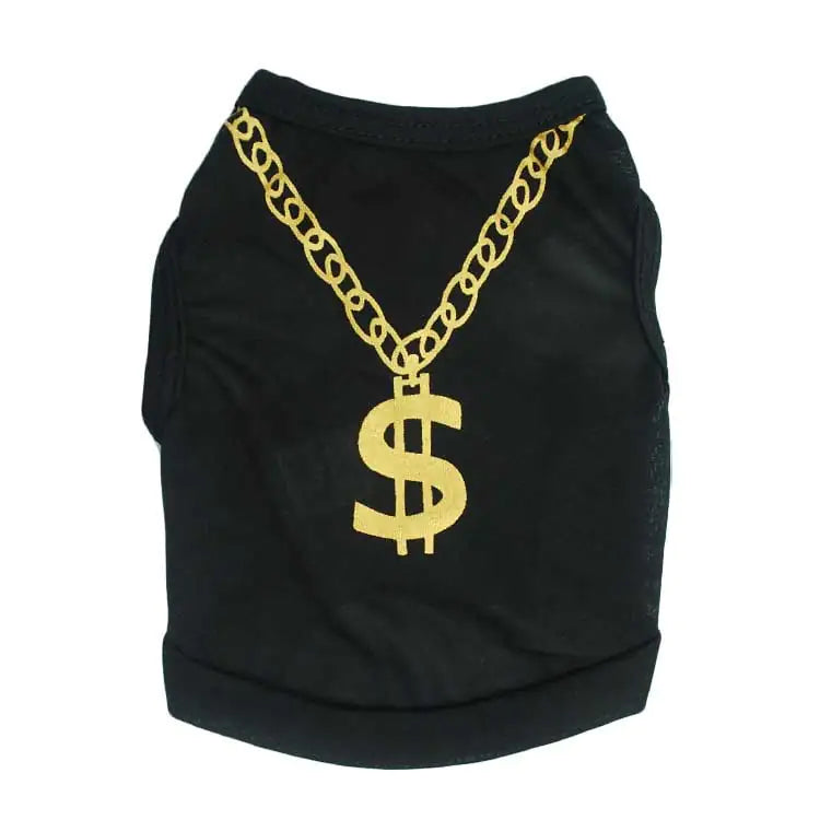 Black dog shirt with a gold chain and dollar sign on a white background