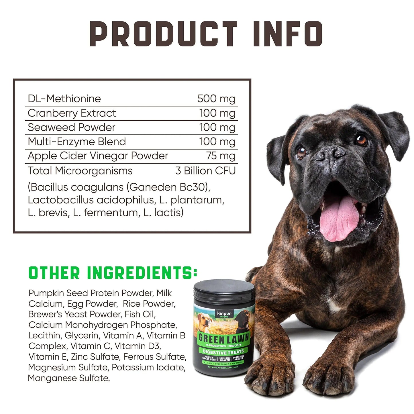 Dog with a supplement container and product information on a white background