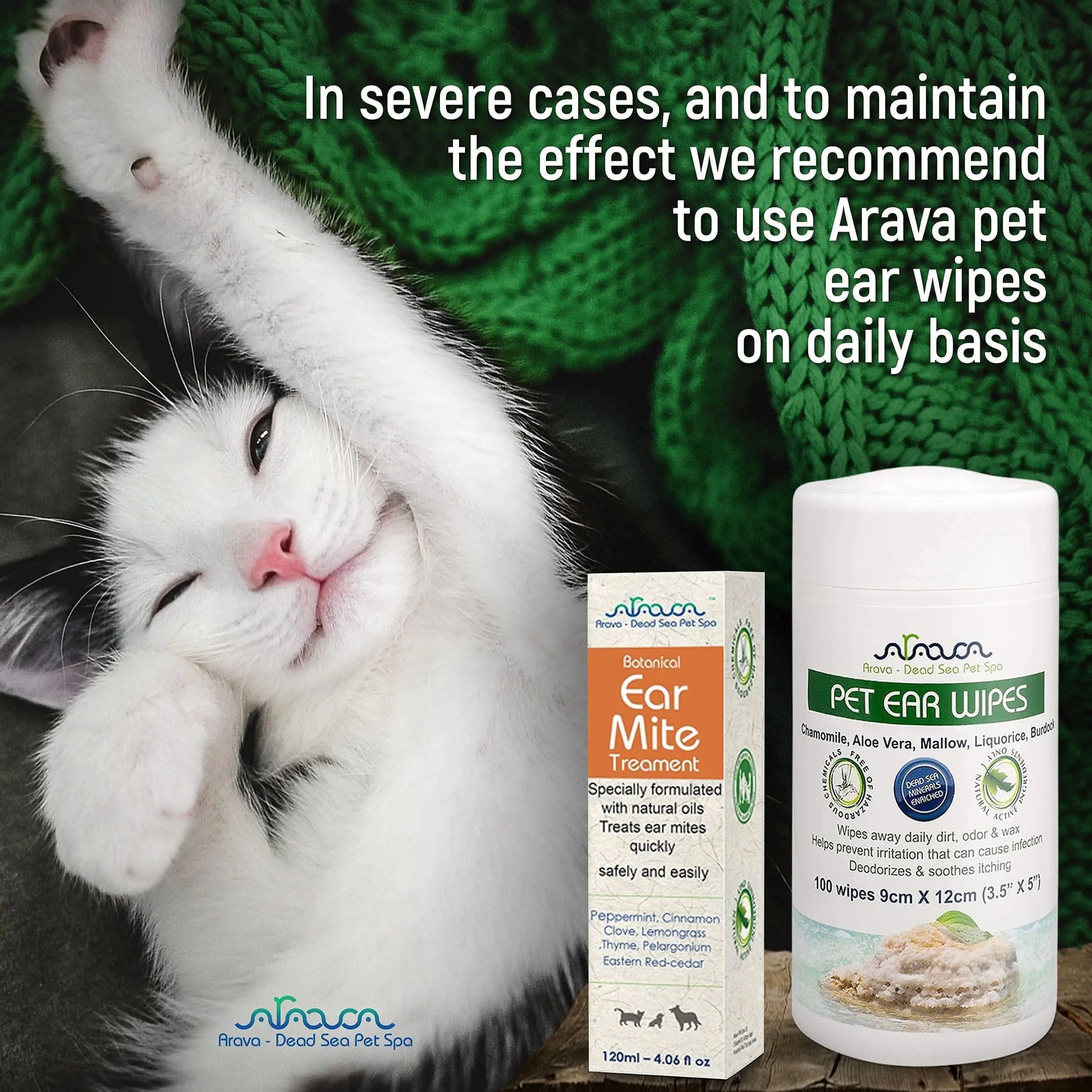 Cat with Arava pet ear care products on a green textured background