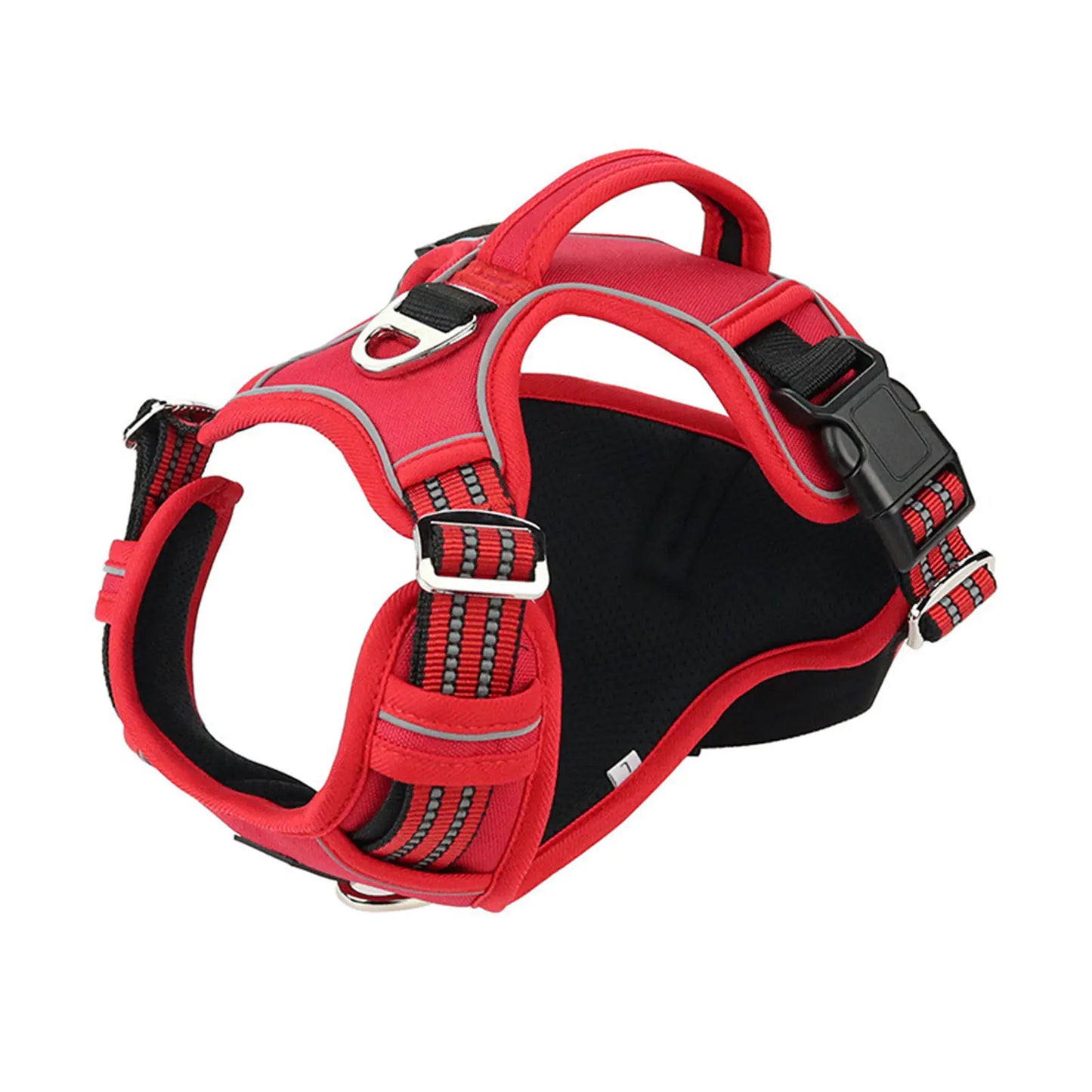 Red dog harness with reflective stripes on a white background