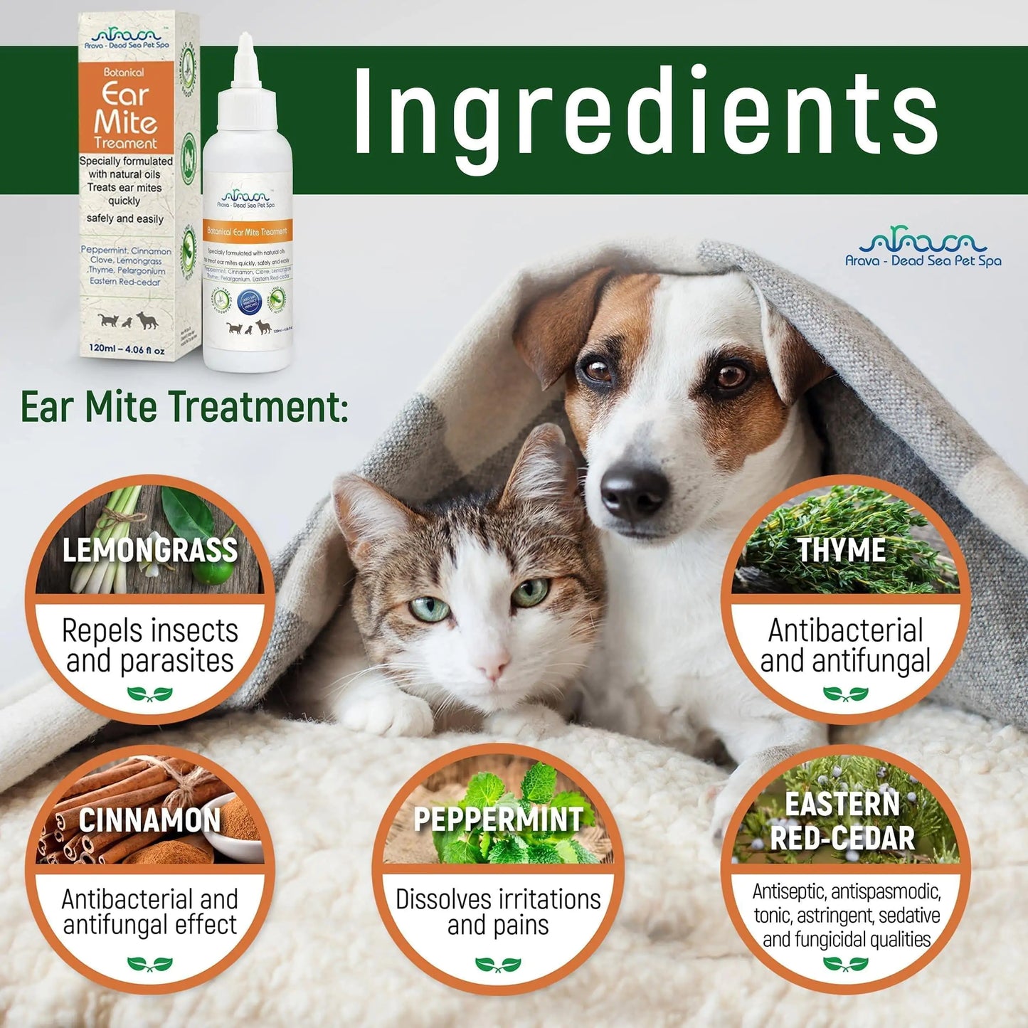 Pet ear mite treatment with ingredients listed, featuring a dog and cat on a blanket.