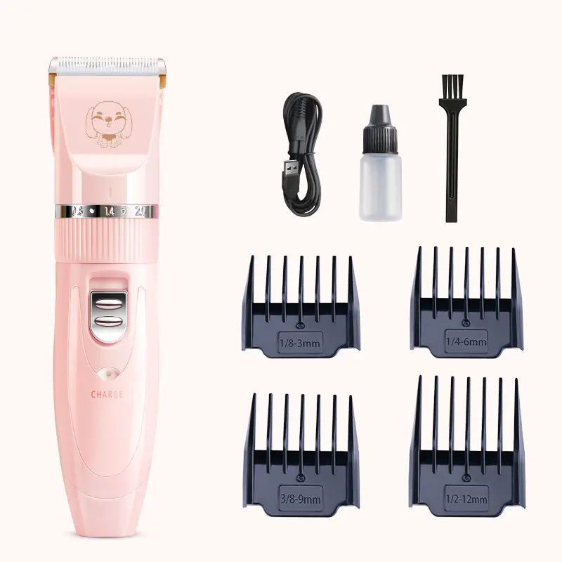 Pink hair trimmer set with attachments on a white background