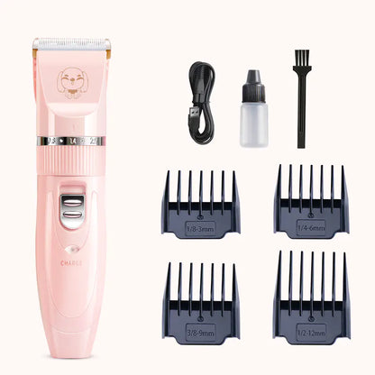 Pink hair trimmer set with attachments on a white background