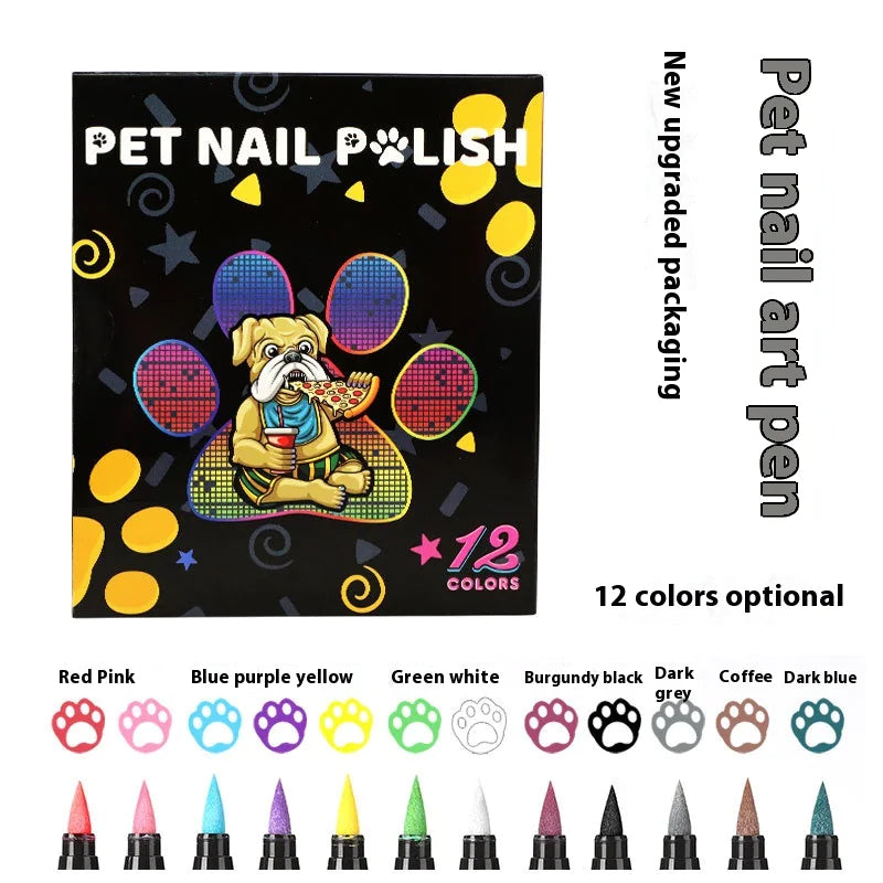 Pet nail polish packaging with colorful design and color options displayed below.