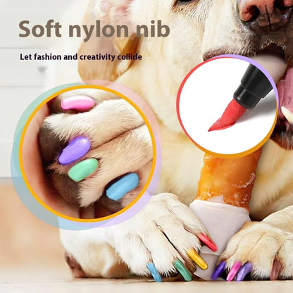 Dog with colored nail caps and a nail care tool, with text about soft nylon nibs.