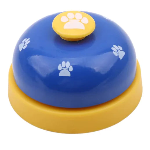 Blue and yellow bell-shaped object with paw prints on a white background