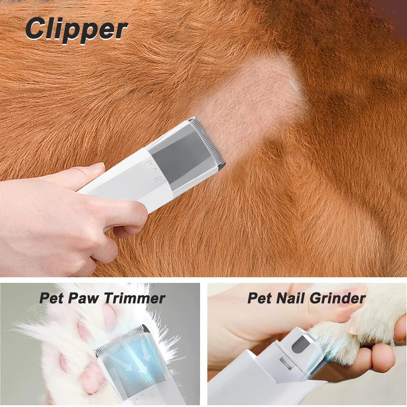 Pet grooming tools including a clipper, paw trimmer, and nail grinder being used on a dog.