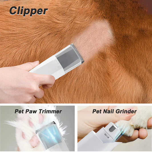 Pet grooming tools including a clipper, paw trimmer, and nail grinder being used on a dog.