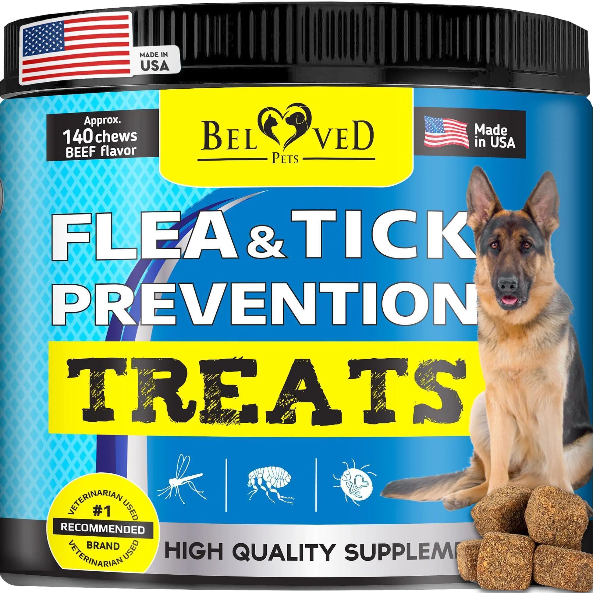 Flea and tick prevention treats for dogs by Beloved Pets with a German Shepherd on the label.