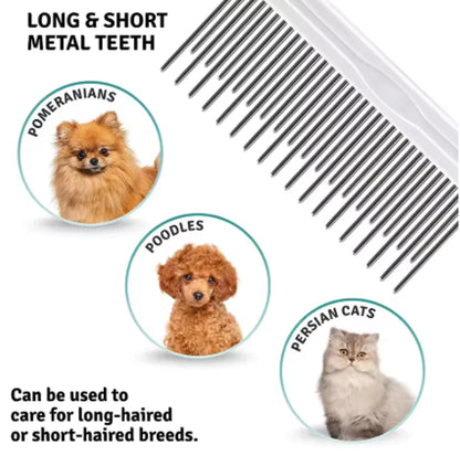 Comb with long and short metal teeth, shown with images of Pomeranians, Poodles, and Persian Cats.