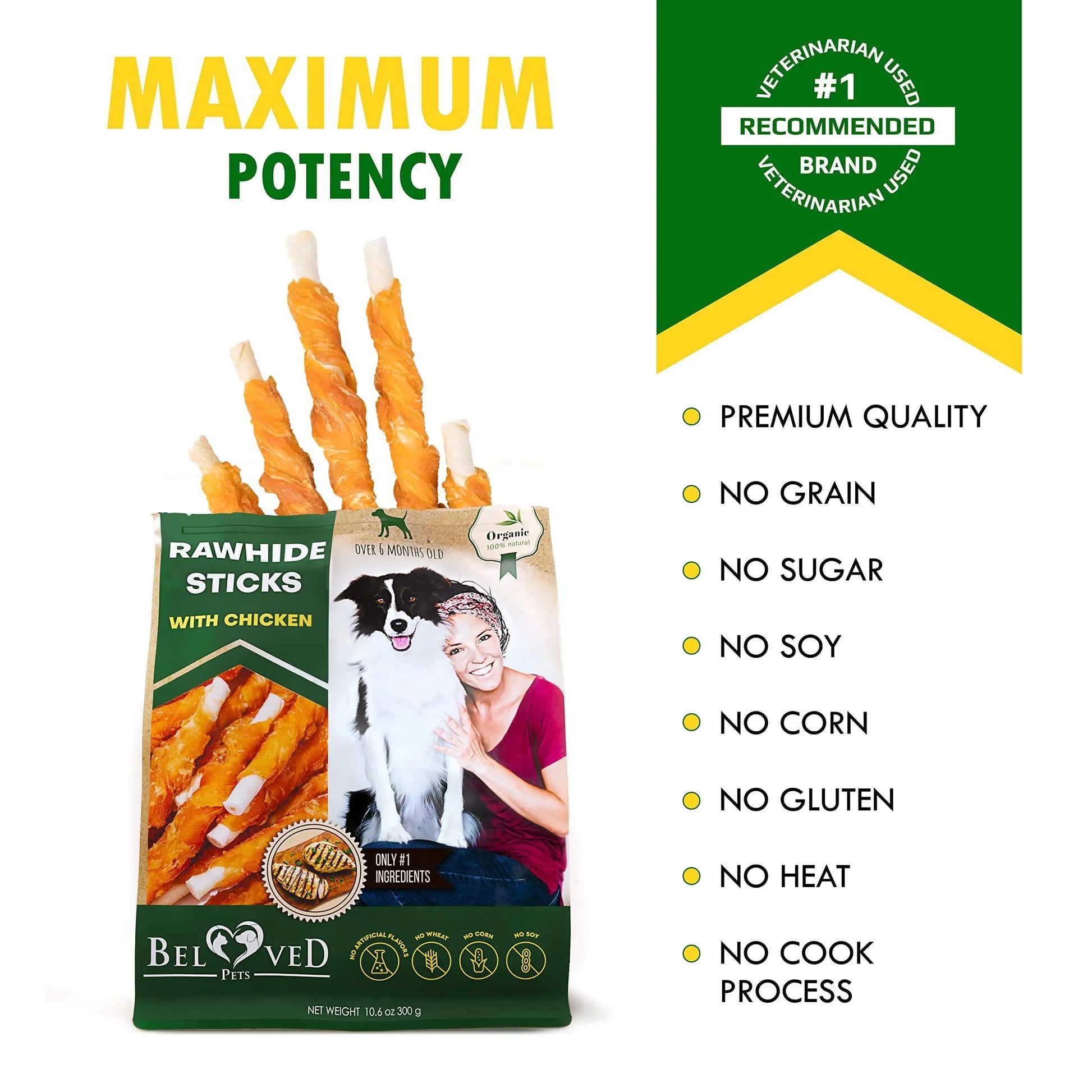 Packaging of rawhide sticks with chicken, featuring a woman and dog, on a white background with green and yellow accents.