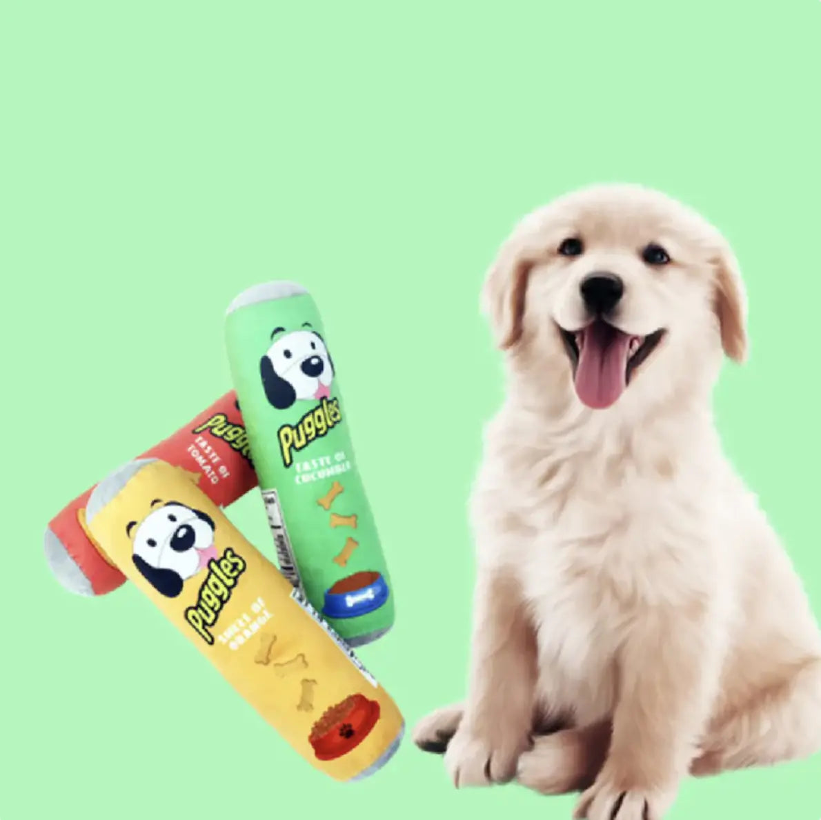 Puppy with Pupperoni dog treats on a green background