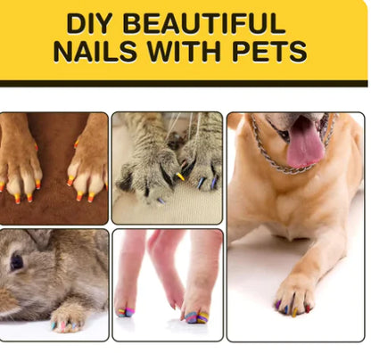 Collage of pets with painted nails and text 'DIY Beautiful Nails with Pets' on a yellow background.