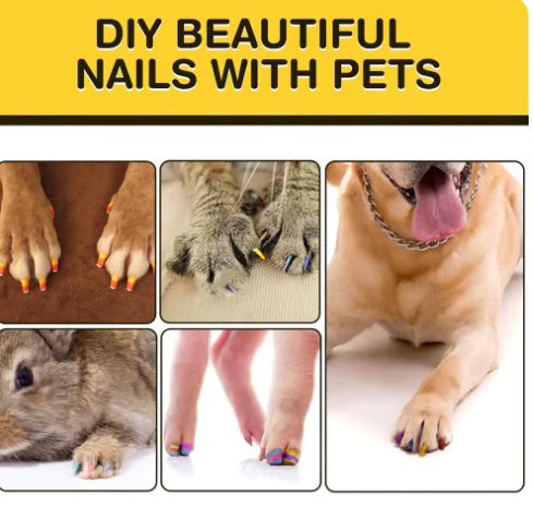 Collage of pets with painted nails and text 'DIY Beautiful Nails with Pets' on a yellow background.
