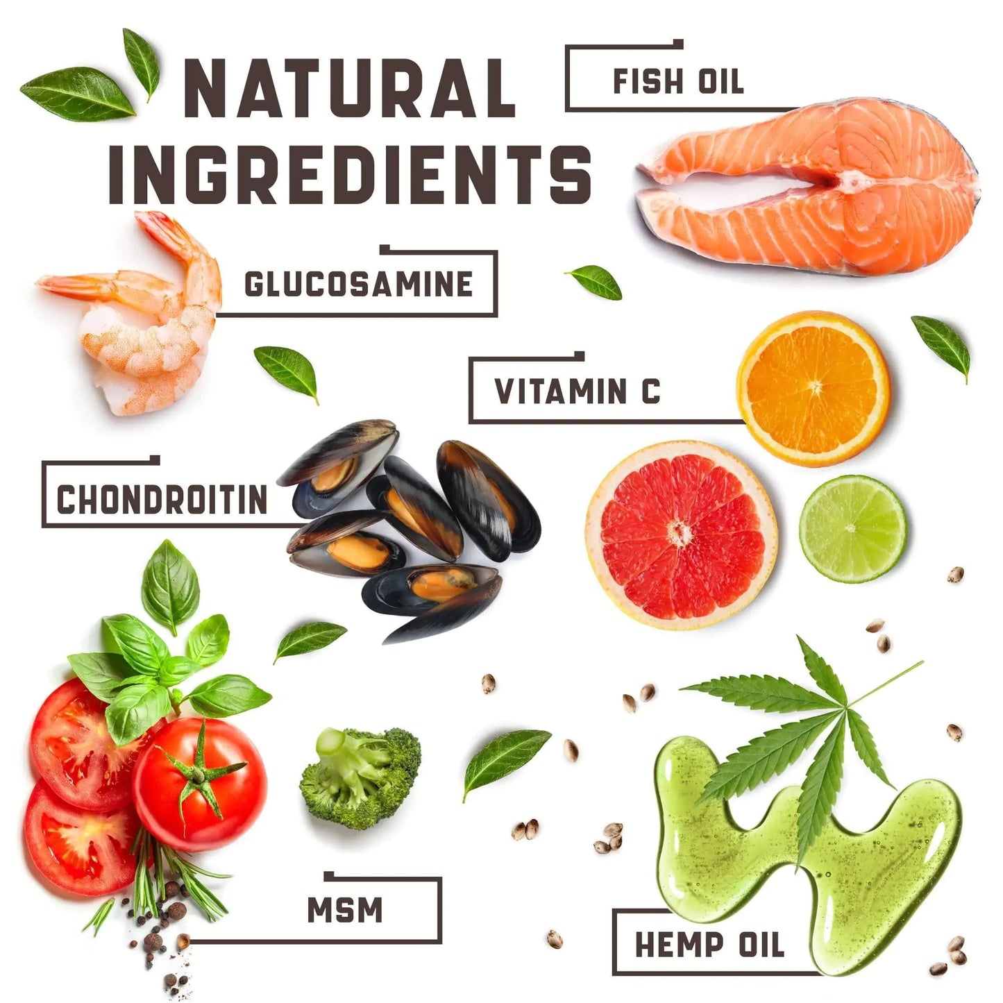 Illustration of natural ingredients with labels on a white background
