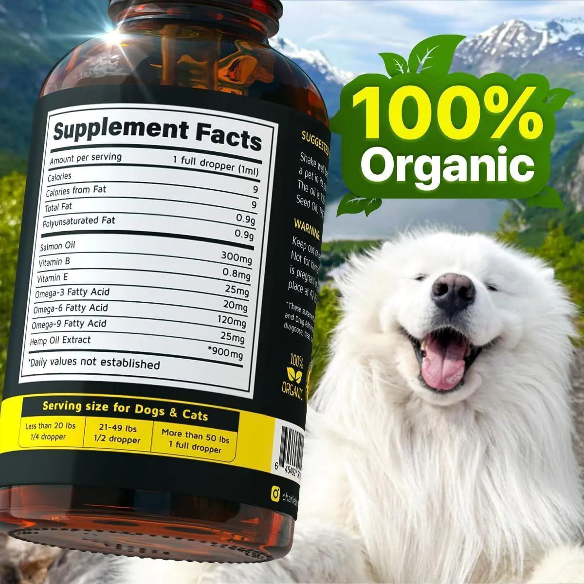 Supplement bottle with label and a dog in front of a mountainous background