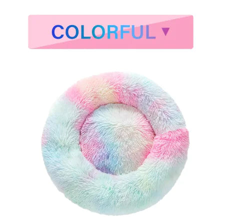 Multicolored fluffy pet bed with 'COLORFUL' label on a white background