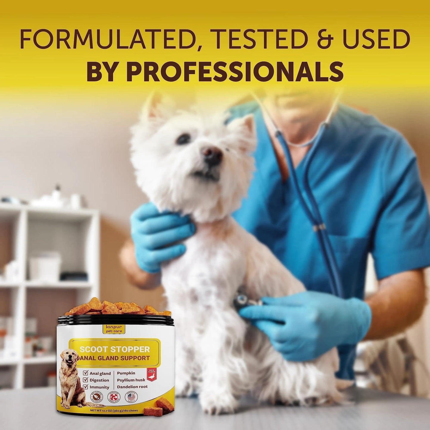 Dog being examined by a veterinarian with a product labeled 'Anal Gland Support' on a yellow background.