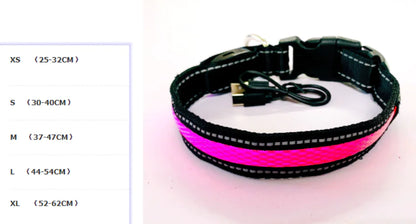 Pink LED dog collar with USB charging cable on a white background, with size chart on the left.