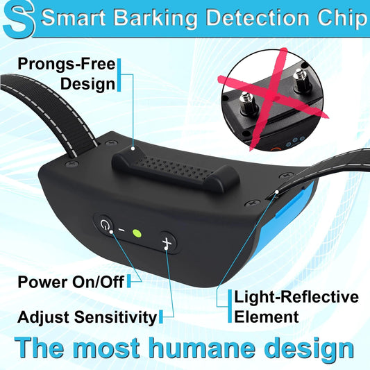 Smart barking detection chip with features highlighted on a blue background