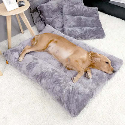 Dog lying on a fluffy gray pet bed in a cozy room.