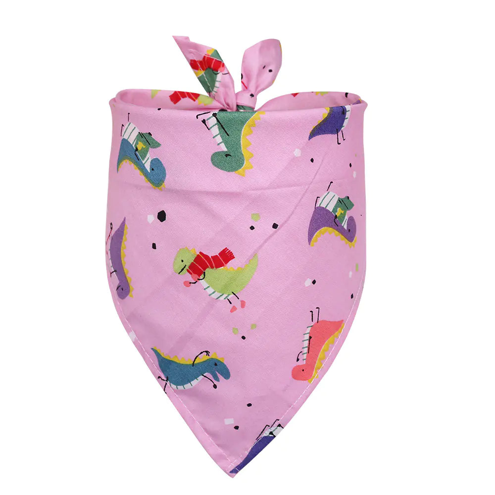 Pink bandana with colorful dinosaur pattern on a white background