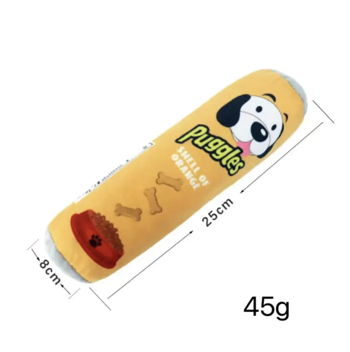 Dog toy packaging with cartoon dog face and measurements on a white background