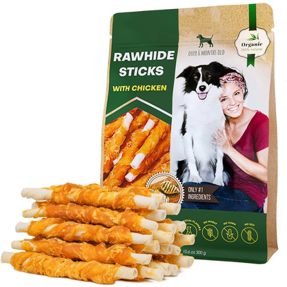 Rawhide sticks with chicken packaging featuring a woman and dog on a white background