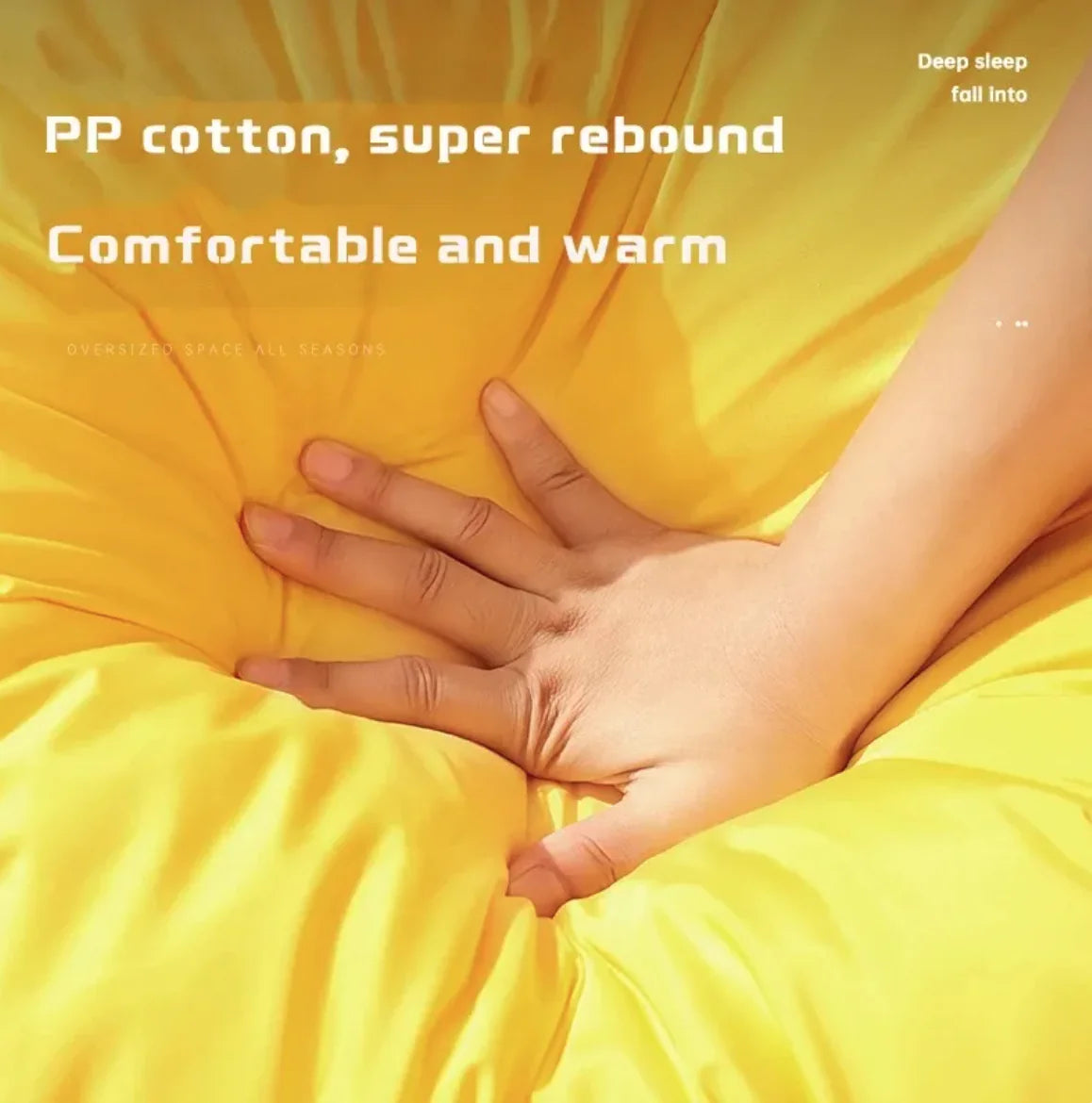 Hand resting on a yellow comforter with text about PP cotton and comfort.