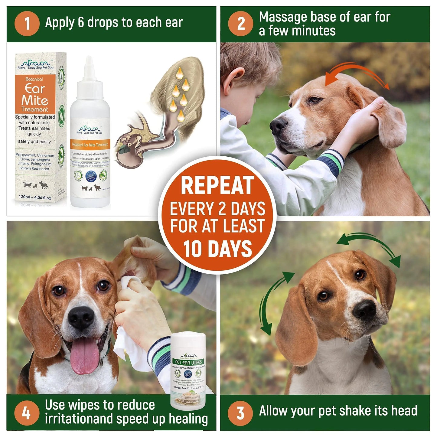 Step-by-step guide for using a pet ear care product with images and text instructions.