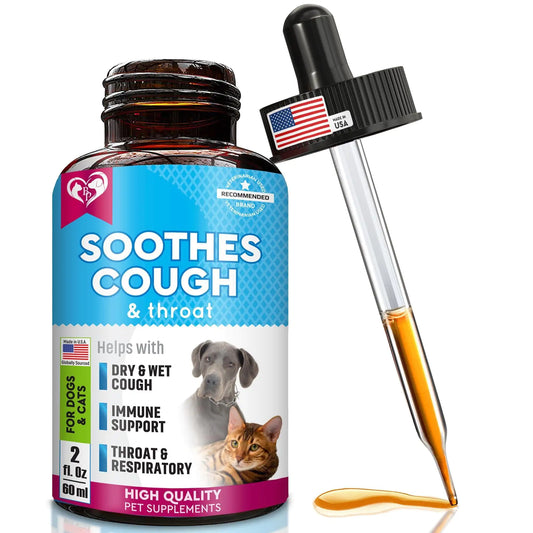 Pet cough and throat supplement bottle with dropper on a white background