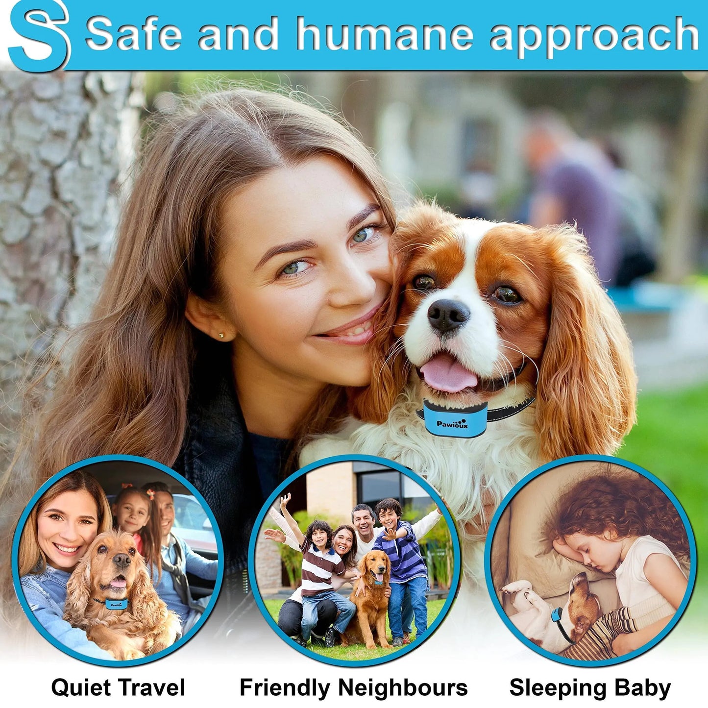 Woman with a dog in a park, with inset images of family and child with dog, text 'Safe and humane approach'.