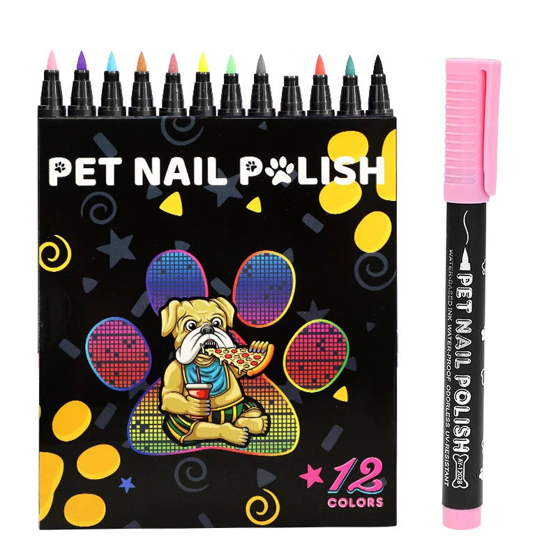 Pet nail polish set with colorful packaging and a single pink marker on a white background
