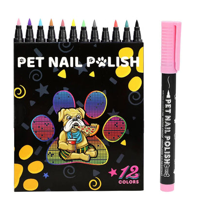 Pet nail polish set with colorful packaging and a single pink marker on a white background