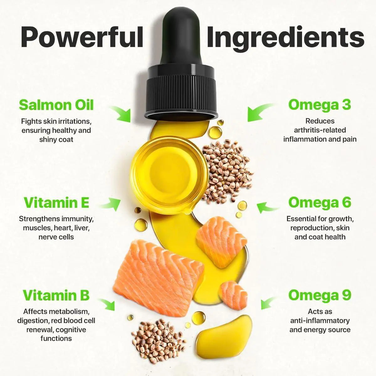 Diagram of salmon oil, vitamin E, omega 3, 6, and 9 with text on their benefits.