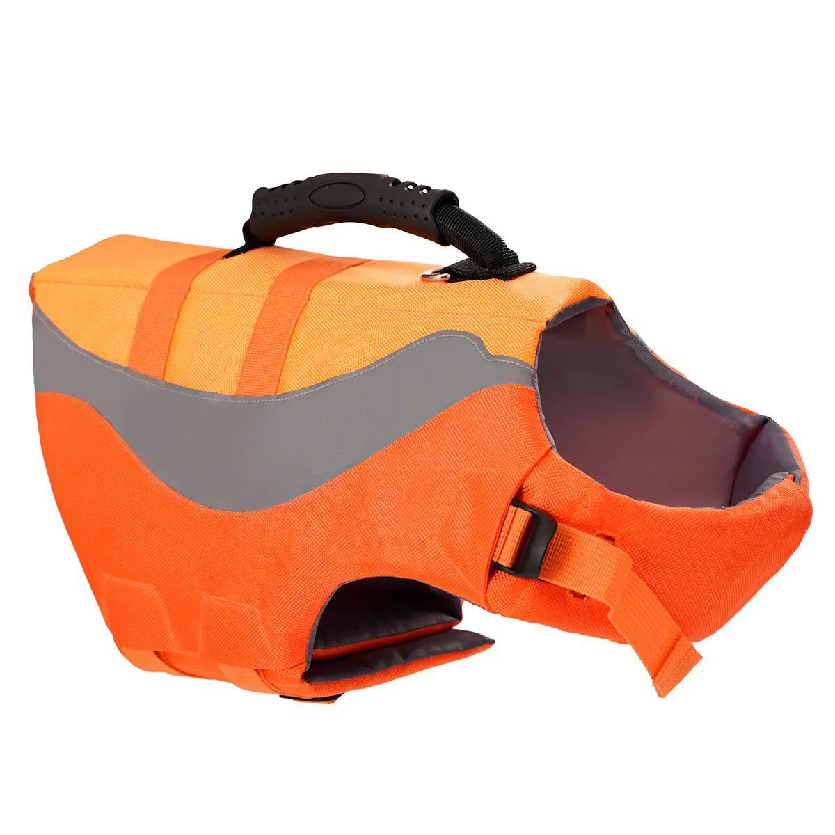 Orange dog life jacket with gray accents on a white background
